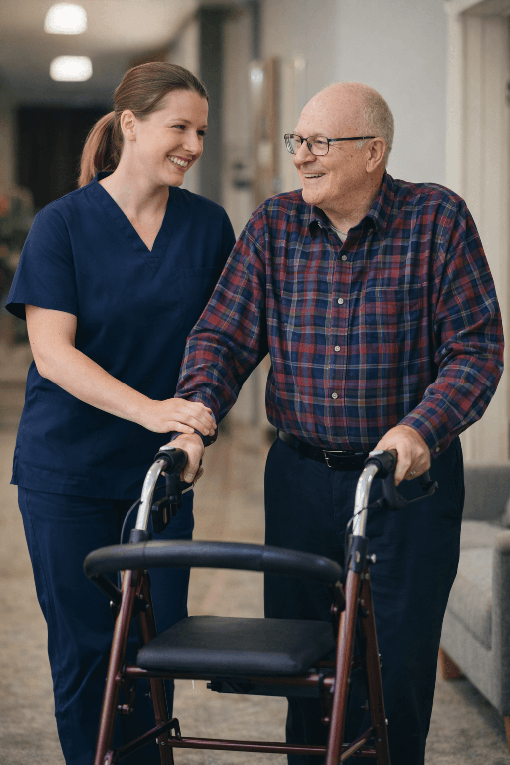 Podiatrist walking alongside an older client using a four-wheel walker
